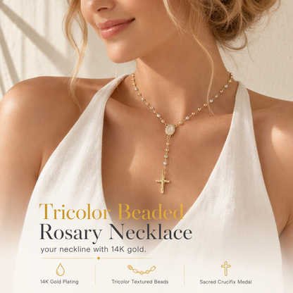 ⛪ 50% OFF! ✨ Retro Gold Tone Virgin Mary Crucifix Cross Pendant Necklace – Tricolor Beaded Y-Chain, Sacred Vintage Emblem & 14K Plated Finish – Elegant Faith-Inspired Style 💛