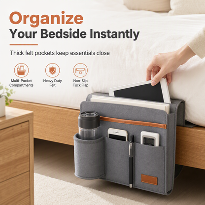 🛏️ 50% OFF! ✨ Minimalist Felt Bedside Organizer Bag – Secure Mattress Anchor, Thickened Felt Fabric & Multi-Scene Mount – Tidy Storage for Phones, Tablets & Essentials 📚