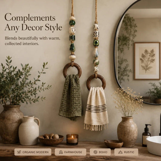 🏠 50% OFF! ✨ Decorative Beaded Towel Hanger with Wooden Ring – Handcrafted Ceramic Beads, Natural Jute Rope & Rustic Wood Accent – Artisanal Multi-Use Organizer for Kitchen & Bath 🪵