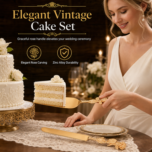 🍰 50% OFF! ✨ Exquisite Metal Alloy Cake Knife & Server Set – Vintage Rose Design, Serrated Blade & Electroplated Finish – Elegant Slicing for Weddings & Home 🥂