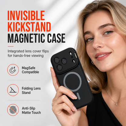 📱 50% OFF! ✨ Magnetic Matte Phone Case with Camera Lens Kickstand – Invisible Folding Stand, Instant Magnetic Alignment & Premium Frosted Finish – Slim Protection for iPhone 12–17 Series 🛡️