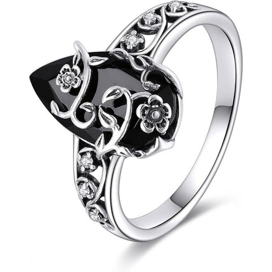 💍 50% OFF! ✨ Bohemian Vintage Floral Vine Ring – Striking Black Gemstone, Sparkling Rhinestone Accents & Intricate Openwork Band – Timeless Romantic Elegance for Any Outfit 🌸