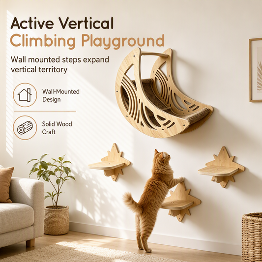 🐱 50% OFF! ✨ Wall-Mounted Wooden Cat Climbing Frame Set – 3 Jumping Steps, Moon Hammock & Sisal Mat, Premium Solid Wood – Space-Saving Vertical Playground for Active Pets 🪵