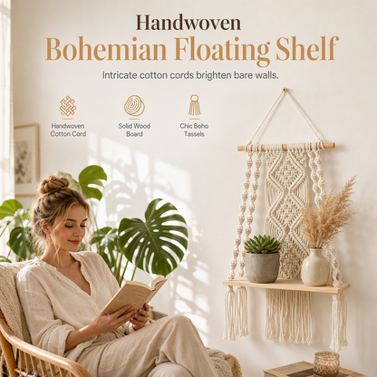 🎁 2026 NEW ARRIVALS 50% OFF! ✨ Bohemian Hand Woven Macrame Wall Hanging Floating Shelf – Artisan Hand-Knotted Patterns, Sturdy Wood Platform & Chic Tassel Design – Perfect for Books, Plants & Living Room Decor 🧶