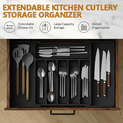 🍴 50% OFF! ✨ Extendable Kitchen Cutlery Storage Organizer – Adjustable 13-22.4" Width, Multi-Compartment Design & Durable Food-Grade PP – Maximize Drawer Space Effortlessly 🗄️