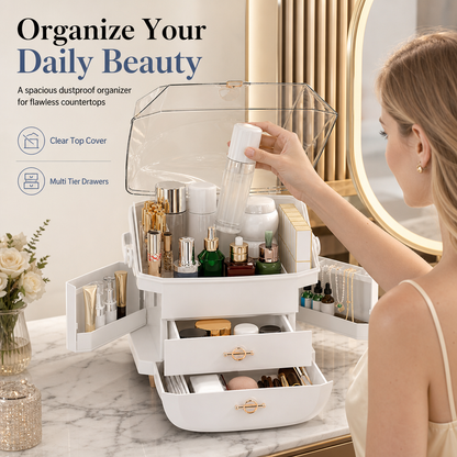 💄 50% OFF! ✨ Large Capacity Dustproof Makeup Organizer – Smooth Two-Way Opening Dome, Multi-Tier Moisture-Proof Drawers & Sturdy ABS – Keep Cosmetics Clean on Any Vanity 🧴
