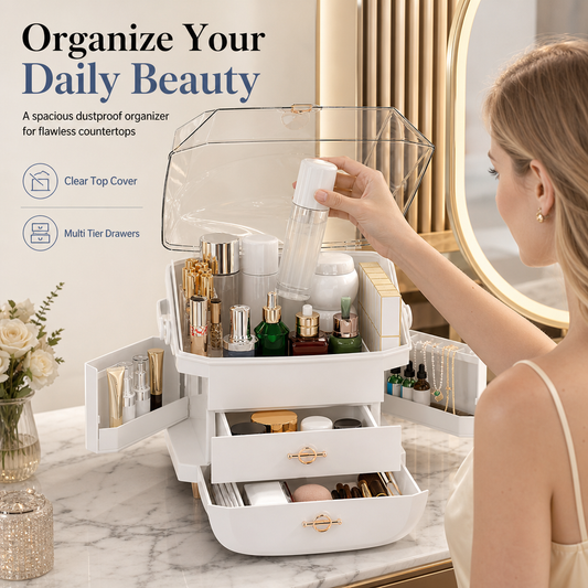 💄 50% OFF! ✨ Large Capacity Dustproof Makeup Organizer – Smooth Two-Way Opening Dome, Multi-Tier Moisture-Proof Drawers & Sturdy ABS – Keep Cosmetics Clean on Any Vanity 🧴