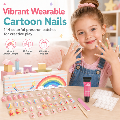 💅 50% OFF! ✨ Kids Handmade Press-On Nails Set – 144 Pieces Almond Shape Cartoon False Nail Tips, Safe Peel-and-Stick Adhesive & Durable Flexible ABS – Salon-Grade Fun for Little Hands 🎀