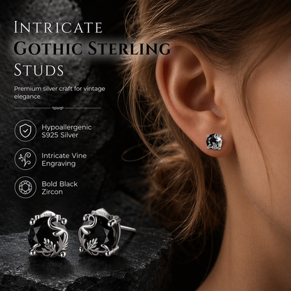 🖤 50% OFF! ✨ Gothic Vine Stud Earrings – Hypoallergenic S925 Sterling Silver, Mysterious Black Cubic Zirconia & Exquisite Vintage Engraving – Lightweight Dark Elegance for Daily Wear 🎀