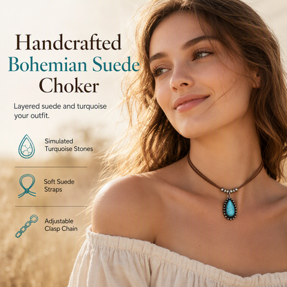 💎 50% OFF! ✨ Vintage Bohemian Suede Layering Necklace – Handcrafted Soft Suede Choker with Faux Turquoise & Antique Charms – Dragonfly or Waterdrop Pendant for Effortless Everyday Style 🦋