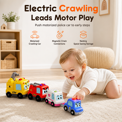 🚗 50% OFF! ✨ 4-Piece Magnetic Electric Toy Car Set – Crawling Motor with Sound & Lights, Magnetic Bumpers Connect Trains & Nesting Slots Build Balance – Safe Rounded Edges for Babies & Toddlers 🧸