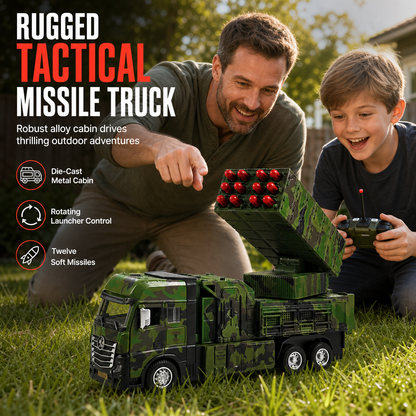 🚚 50% OFF! ✨ Oversized Remote Control Missile Launcher Toy Truck – Heavy-Duty Alloy Cab, 12 Soft Missiles & High-Traction Rubber Tires – Conquer Rugged Outdoor Terrain with Tilting Launcher Action 🎯