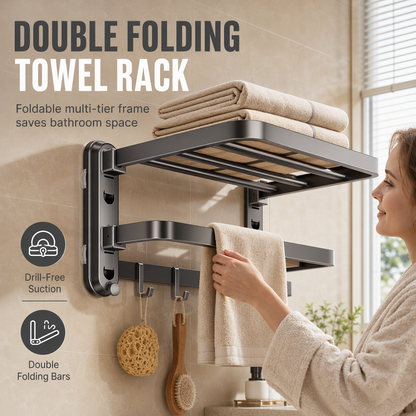 🚿 50% OFF! ✨ No Drill Double Folding Bathroom Towel Rack – Space-Saving Dual Foldable Shelves, Instant Vacuum Suction Lock & Rustproof Space Aluminum – Heavy-Duty Carbon Steel Frame with Hooks for Mess-Free Walls 🧺
