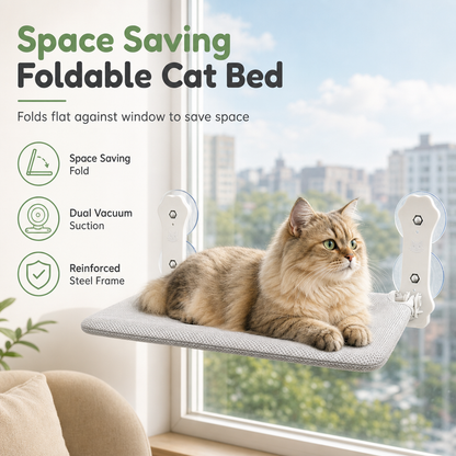 🐱 50% OFF! ✨ Foldable Cat Window Hammock – Strong Dual Suction Cups, Heavy-Duty Steel Frame & Premium Nylon Brackets – Space-Saving Design Folds Flat for Cozy Sunbathing on Glass Windows & Balconies ☀️