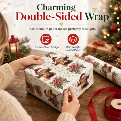 🎄 50% OFF! ✨ Reversible Christmas Highland Cow & Winter Tree Gift Wrapping Paper Roll – Premium Thick Tear-Resistant Coated Craft Paper, 2 Festive Designs in 1 Roll, Crisp Folds & Vibrant HD Print – 43cm×5m Generous Continuous Roll 🎁
