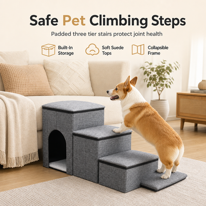 🐾 50% OFF! ✨ Foldable Pet Steps with Storage – Non-Slip Joint-Friendly Dog Stairs with Hidden Under-Step Compartments & Cozy Cat Cave Option – Reinforced Sag-Resistant Structure for Bed & Couch 🐶