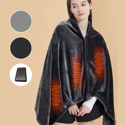🔥 50% OFF! ✨ Wearable USB Heated Flannel Blanket Shawl – 2-in-1 Zipper Design with 9 Rapid Heating Zones, 3 One-Touch Heat Levels (40°C-60°C), Double-Sided Cloud Flannel & 5V USB Power Bank Compatible – 150×85cm in Black & Grey 🧣