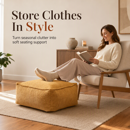 🛋️ 50% OFF! ✨ Clothes Storage Pouf Ottoman Cover – Fill with Old Blankets & Quilts, Heavy-Duty Tear-Resistant Canvas with Extra-Wide Zipper Opening – 100kg Load Capacity Floor Footstool & Zero-Waste Storage Solution 🪑