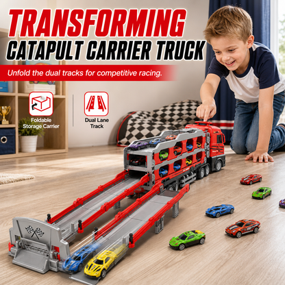 ⏳ TIME-LIMITED SPECIAL ⏰ Kids Transforming Storage Carrier Truck Toy – 207cm Folding Catapult Race Track with Sound Effects, Button-Trigger Launcher & Mini Alloy Construction Vehicles – Rugged ABS Battery-Free Friction Rolling for Boys 🚚