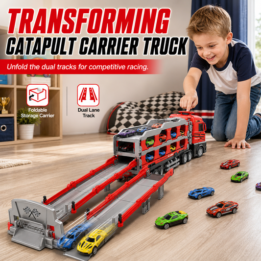 ⏳ TIME-LIMITED SPECIAL ⏰ Kids Transforming Storage Carrier Truck Toy – 207cm Folding Catapult Race Track with Sound Effects, Button-Trigger Launcher & Mini Alloy Construction Vehicles – Rugged ABS Battery-Free Friction Rolling for Boys 🚚