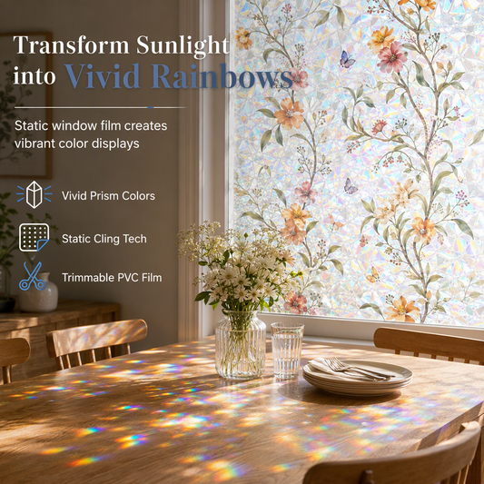 🌈 50% OFF! ✨ 3D Rainbow Window Privacy Film – Glue-Free Static Cling Frosted Glass Sticker with Laser-Etched Prismatic Facets & Magnolia Floral Pattern, Blocks 96% UV Rays & Soft Glare – Removable Reusable Semi-Private Decal for Home & Office 🌸