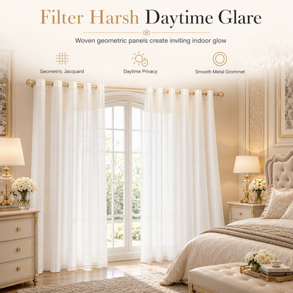 🕊️ 50% OFF! ✨ Geometric Greek Key Jacquard Sheer Curtain Panel – Light Filtering Window Drape with Precision Warp-Knit Mesh, UV Protection & Balanced Daytime Privacy – 3 Colors 3 Sizes for Living Dining & Bedroom 🏡