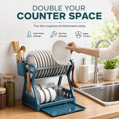 🍽️ 50% OFF! ✨ Multi-Tier Carbon Steel Dish Drying Rack with Drip Tray – Double Counter Space Vertical Design, Holds 12+ Plates Deep Card Slots, Removable Slide-Out Drainage Tray & Tool-Free Snap Assembly – 3 Colors 🥢