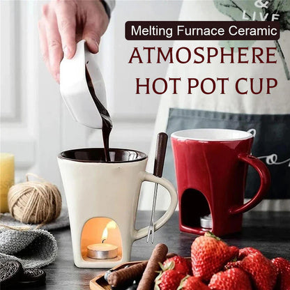 🍫 50% OFF! ✨ Ceramic Fondue Mug with Tealight Warmer & Dipping Fork – Food-Grade High-Fired Ceramic, Built-In Tealight Chamber Gentle Heating, 200ml Capacity – 3 Colors for Chocolate Cheese & Warm Dips 🫕