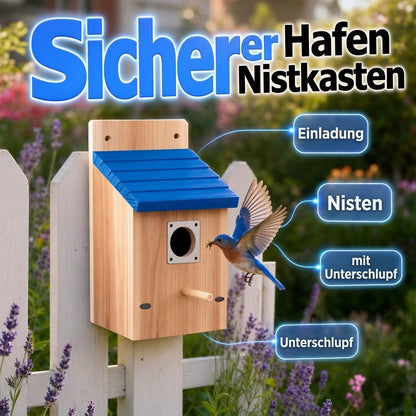 🐦 50% OFF! ✨ Weatherproof Wooden Outdoor Bird House – Solid Thickened Natural Timber with Sky Blue Slanted Roof, Predator-Safe Metal Reinforced Entry Guard & Round Resting Perch – 15×15×22cm for Bluebirds Wrens Finches & Songbirds 🏡