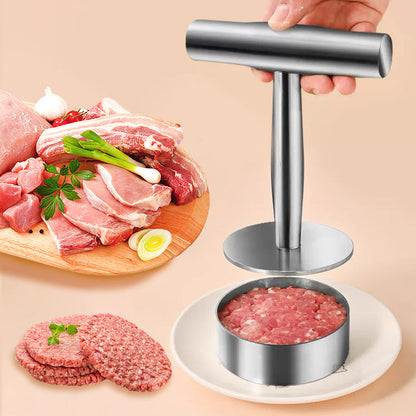 🍔 50% OFF! ✨ 304 Stainless Steel Hamburger Steak Press – Food-Grade Anti-Rust Construction, Ergonomic T-Handle Firm Even Pressure, Non-Stick Polished Finish & Instant Release Ring – Dishwasher Safe 13.2cm Round Mold 🥩