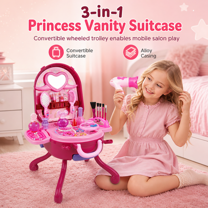 👑 50% OFF! ✨ 3-in-1 Kids Pretend Play Makeup Vanity Rolling Trolley Suitcase Set – Converts Rolling Luggage to Standing Salon Vanity, 30+ Mess-Free Accessories, Shatterproof Mirror & Drop-Proof Alloy Lid – 3 Colors 🎀