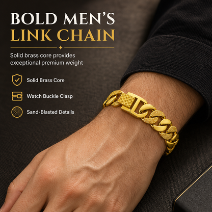 💎 50% OFF! ✨ Heavy Men's Sand-Gold Finish Curb Link Bracelet with Watch Clasp – Substantial Solid Brass Core, Matte Sandblasted Finish, Reinforced Double-Lock Watch-Style Buckle & Hypoallergenic Fade-Resistant – 2 Widths 👑