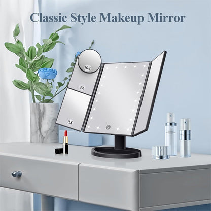 💄 50% OFF! ✨ LED Lighted Tri-Fold Vanity Makeup Mirror – 22 Touch-Dimmable Natural Daylight LEDs, Tri-Fold Multi-Magnification 1X/2X/3X, 180° Smooth Swivel & Tilt & Integrated Cosmetic Storage Base – 3 Colors ✨